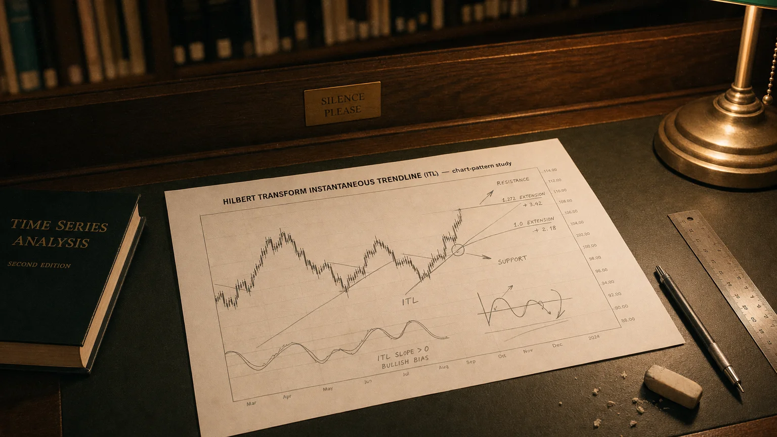 Printed candlestick chart annotated with hand-drawn hilbert transform instantaneous trendline (itl) pattern markers on an analyst desk.