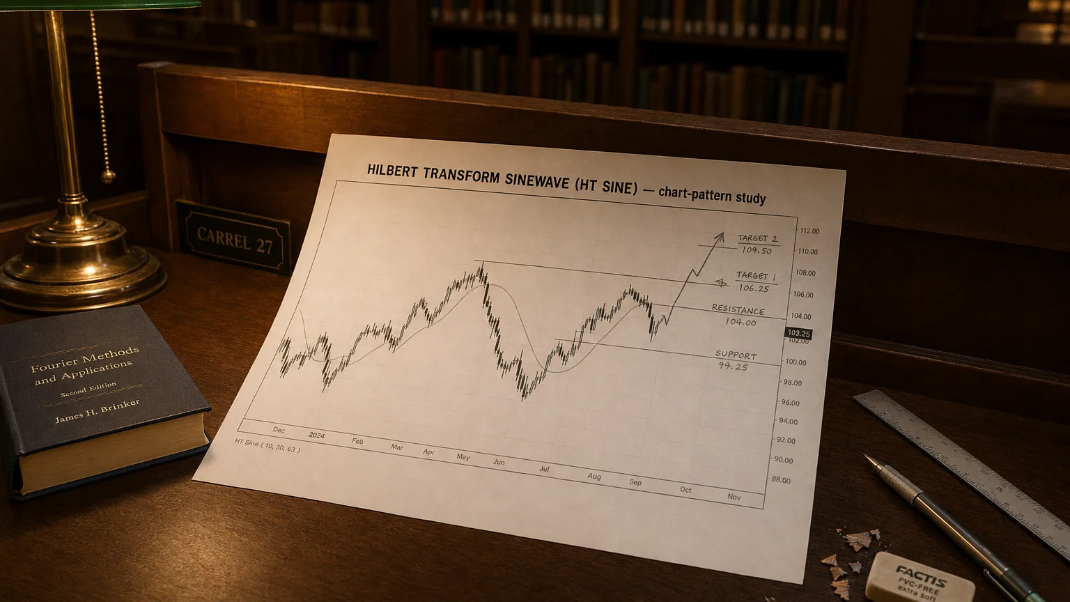 Printed candlestick chart annotated with hand-drawn hilbert transform sinewave (ht sine) pattern markers on an analyst desk.