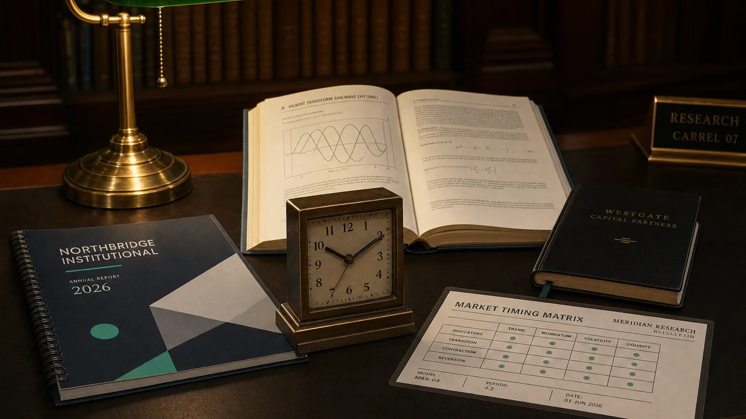 Trading-desk artifact representing hilbert transform sinewave (ht sine) — textbook page and bull-or-bear desk sculpture.
