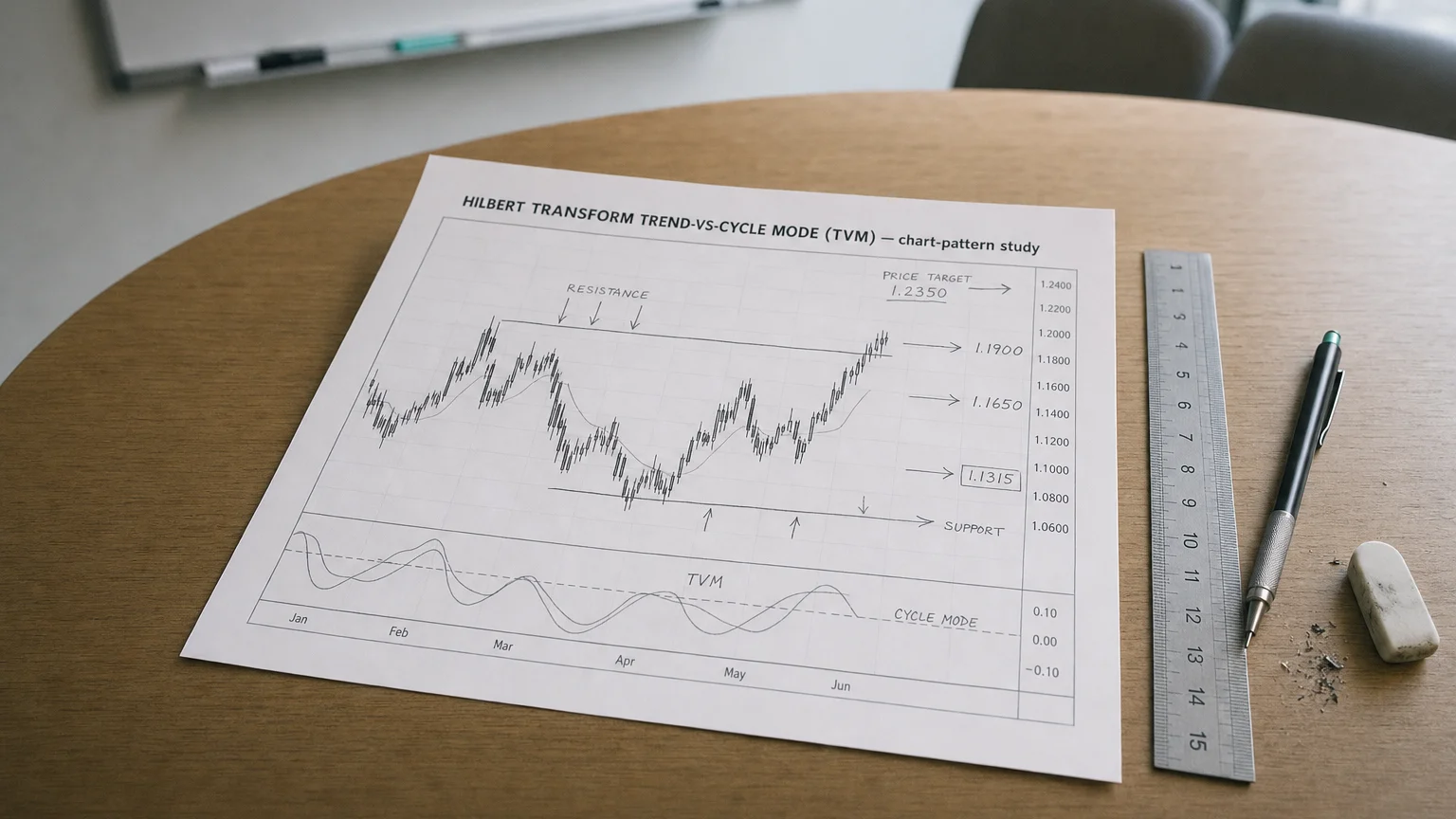Printed candlestick chart annotated with hand-drawn hilbert transform trend-vs-cycle mode (tvm) pattern markers on an analyst desk.