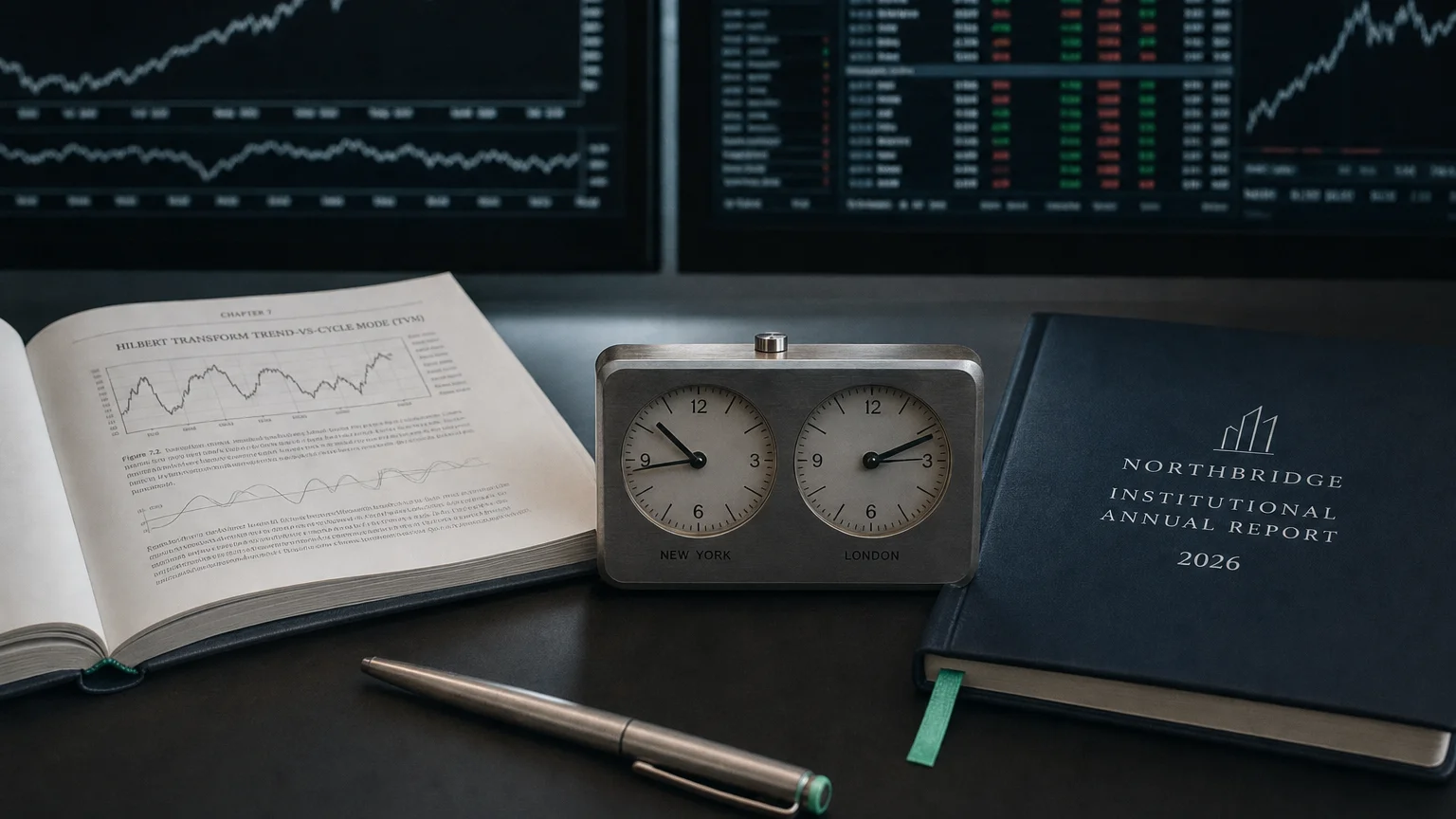 Trading-desk artifact representing hilbert transform trend-vs-cycle mode (tvm) — textbook page and bull-or-bear desk sculpture.