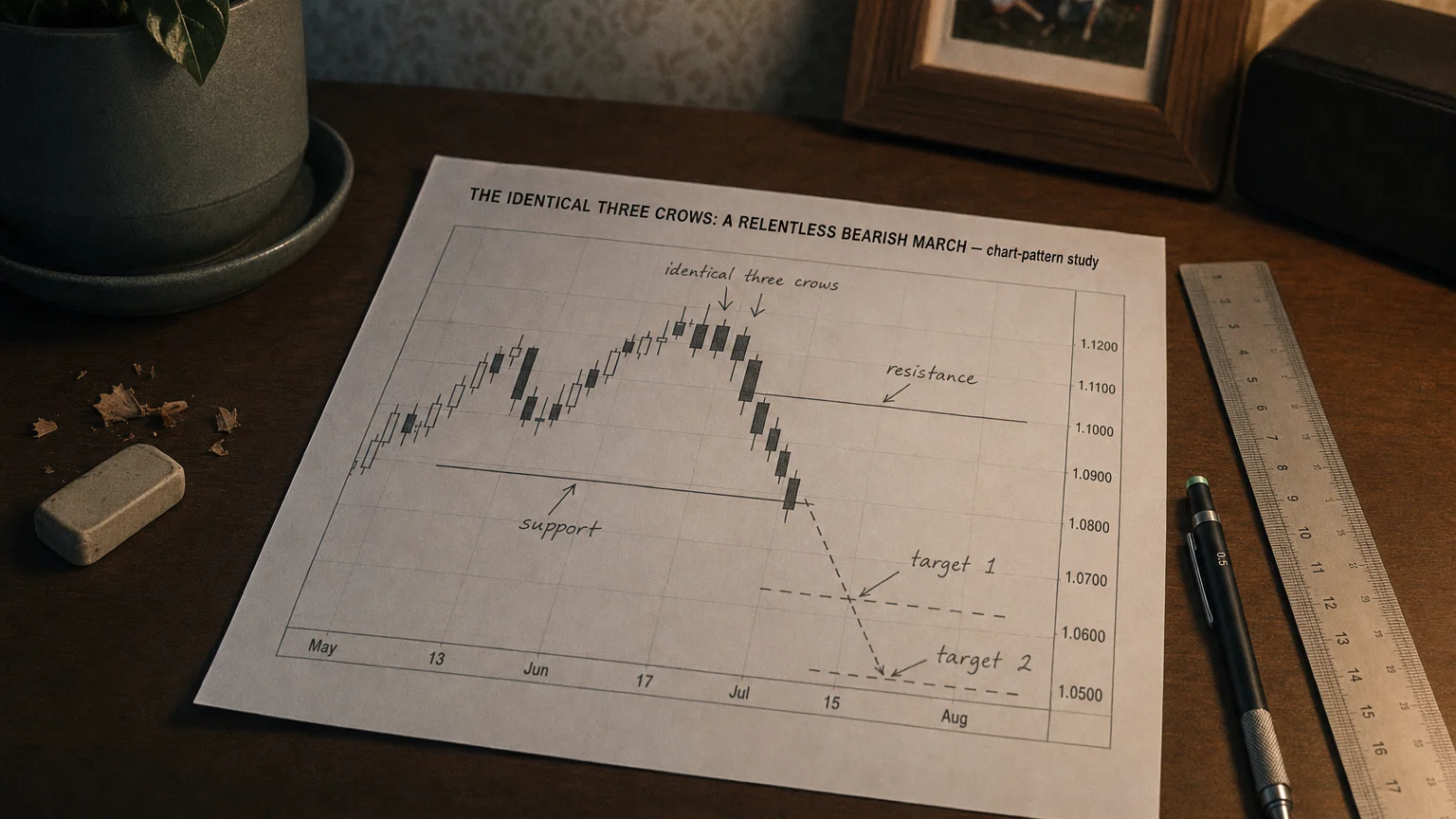 Printed candlestick chart annotated with hand-drawn the identical three crows: a relentless bearish march pattern markers on an analyst desk.