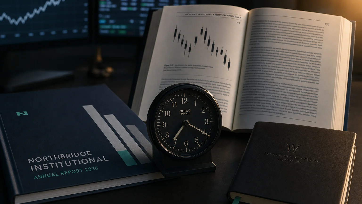 Trading-desk artifact representing the identical three crows: a relentless bearish march — textbook page and bull-or-bear desk sculpture.