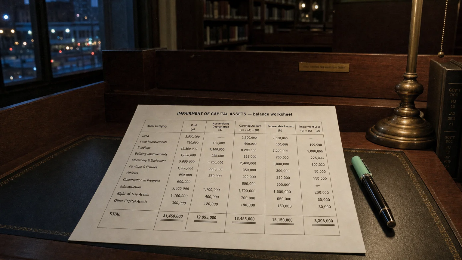 Accounting worksheet showing impairment of capital assets line items with neat column totals and a fountain pen.