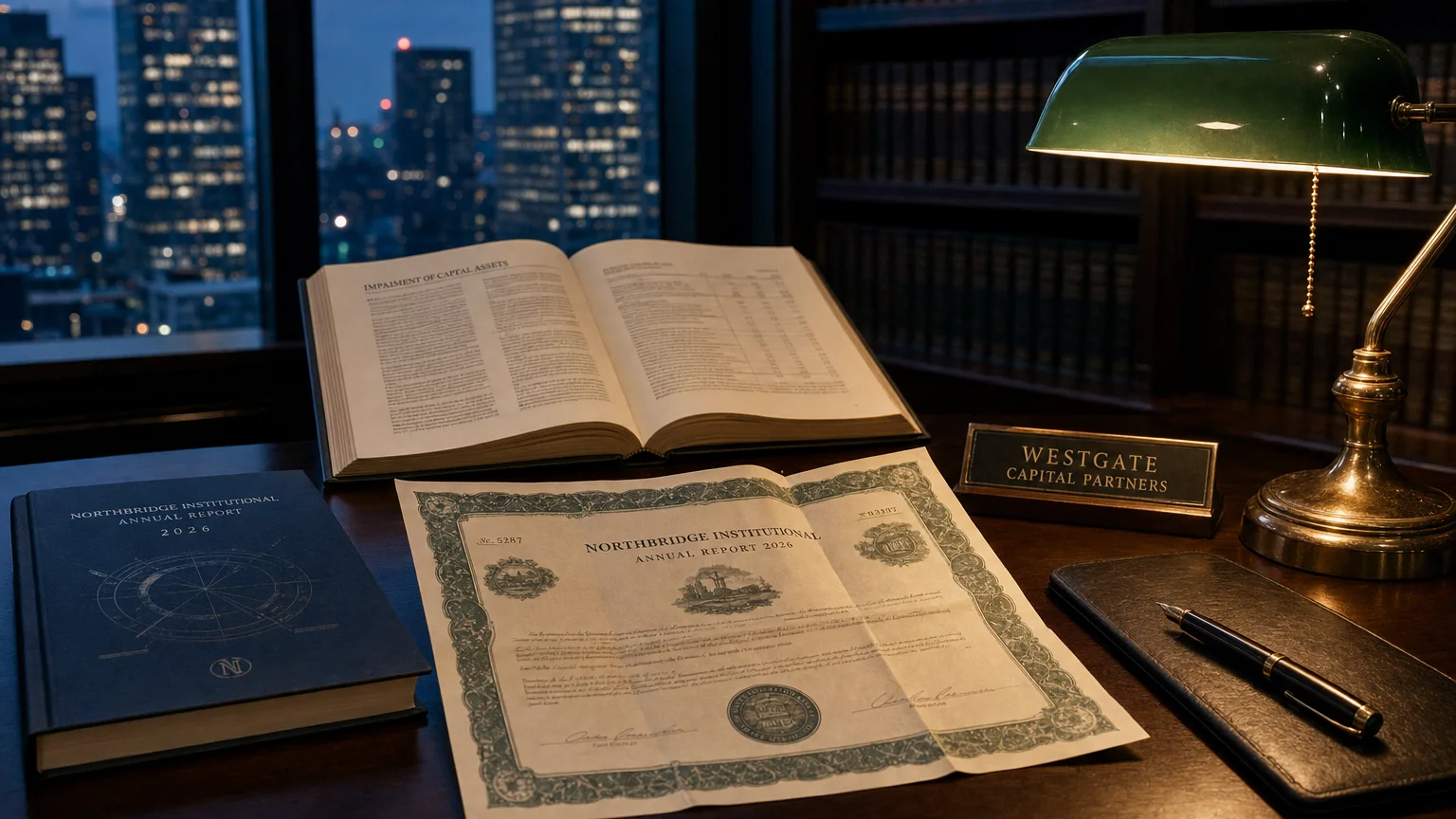 Corporate ledger or annual-report booklet open to the impairment of capital assets chapter on a wooden desk.