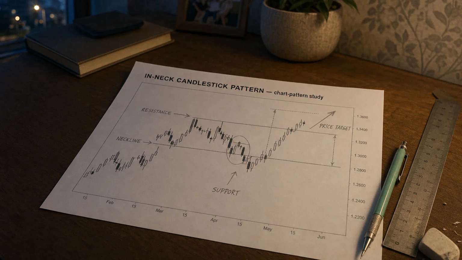 Printed candlestick chart annotated with hand-drawn in-neck candlestick pattern pattern markers on an analyst desk.