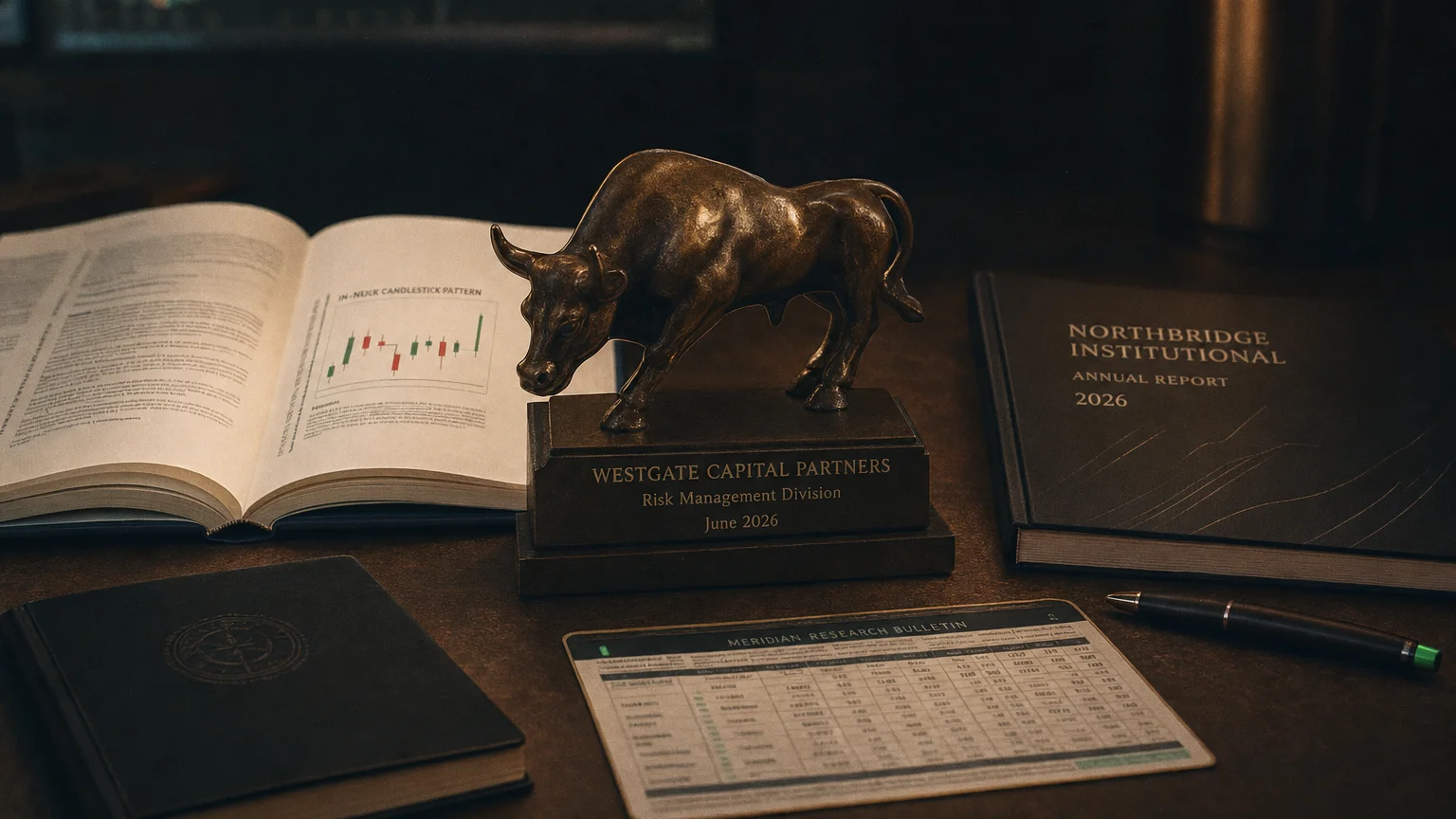 Trading-desk artifact representing in-neck candlestick pattern — textbook page and bull-or-bear desk sculpture.