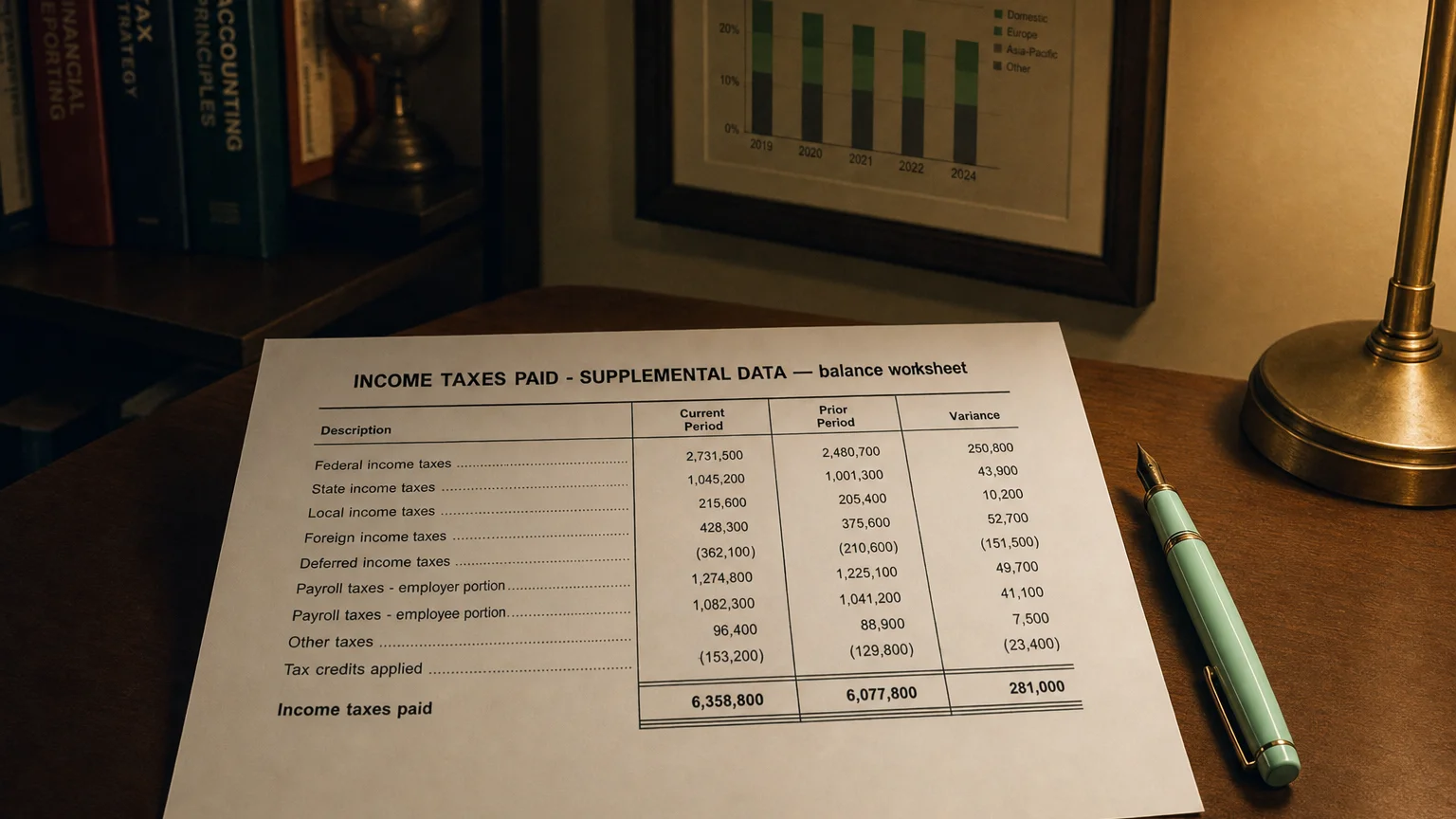 Accounting worksheet showing income taxes paid - supplemental data line items with neat column totals and a fountain pen.