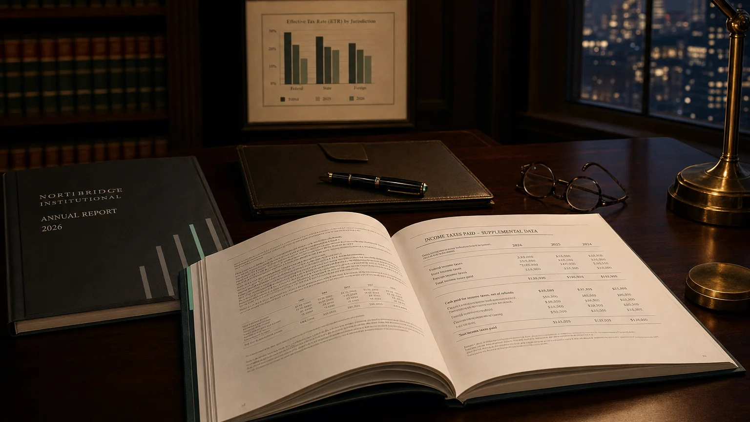 Corporate ledger or annual-report booklet open to the income taxes paid - supplemental data chapter on a wooden desk.