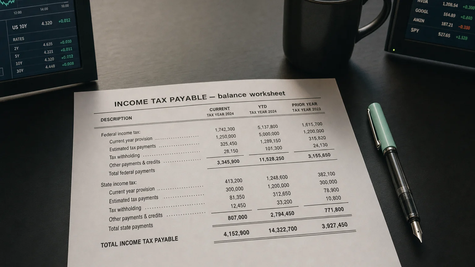 Accounting worksheet showing income tax payable line items with neat column totals and a fountain pen.