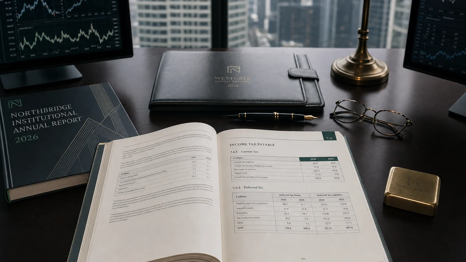 Corporate ledger or annual-report booklet open to the income tax payable chapter on a wooden desk.