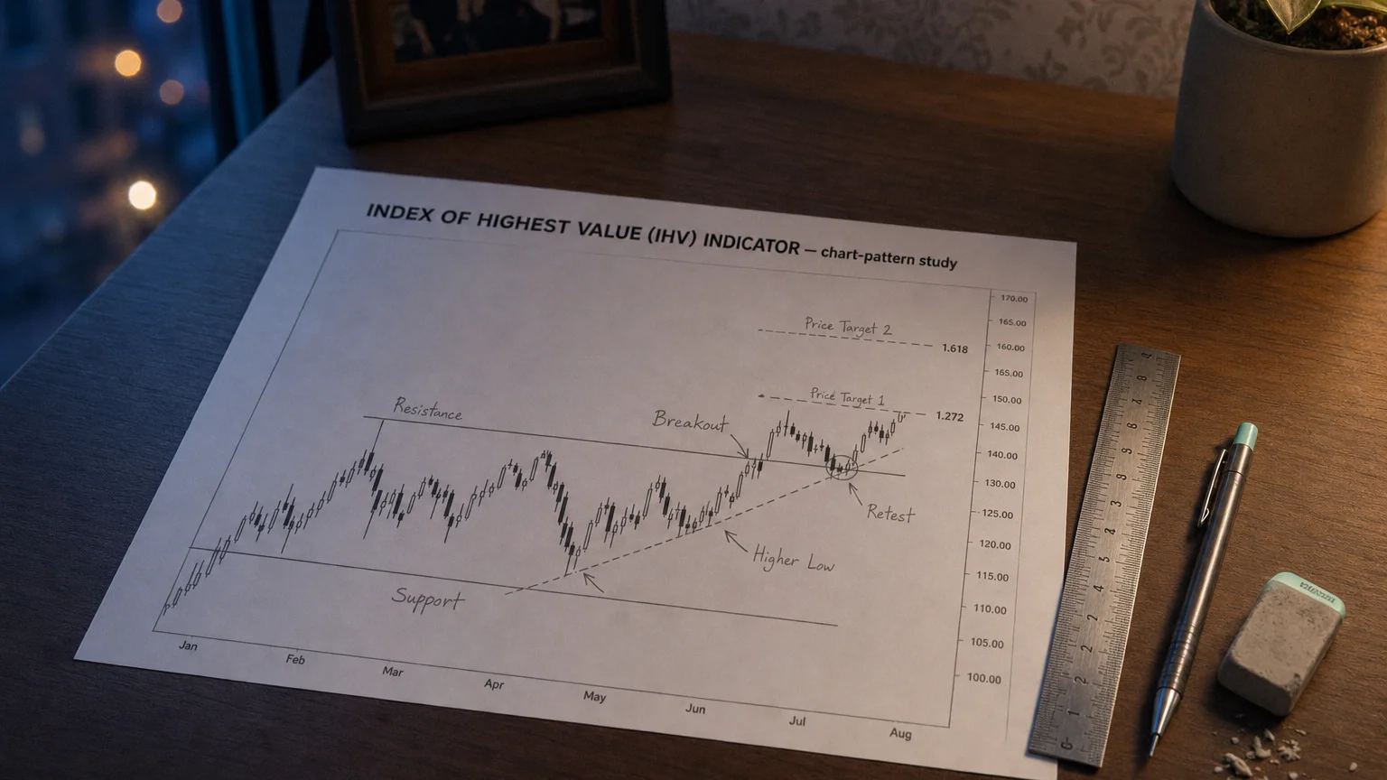 Printed candlestick chart annotated with hand-drawn index of highest value (ihv) indicator pattern markers on an analyst desk.