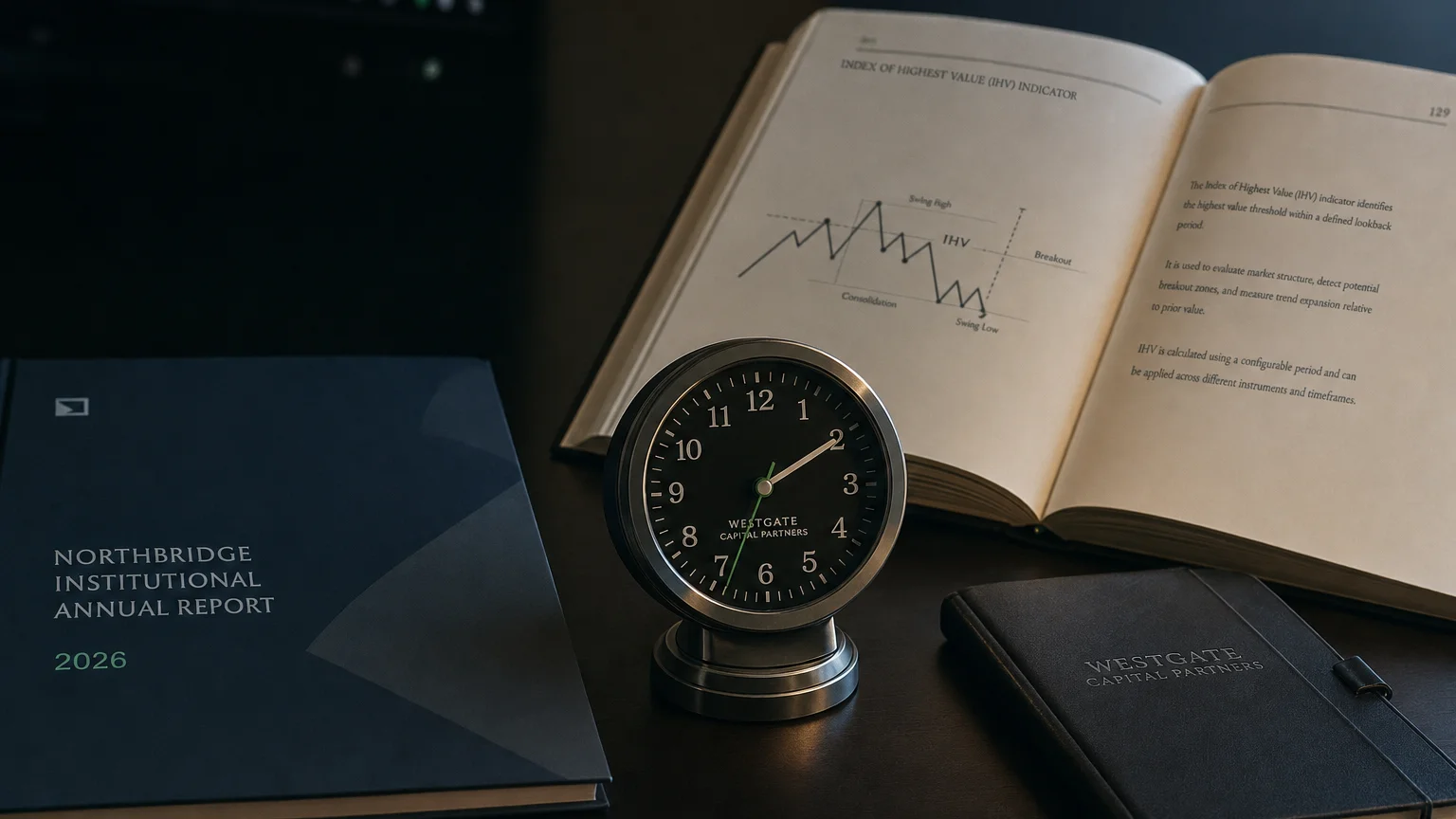 Trading-desk artifact representing index of highest value (ihv) indicator — textbook page and bull-or-bear desk sculpture.