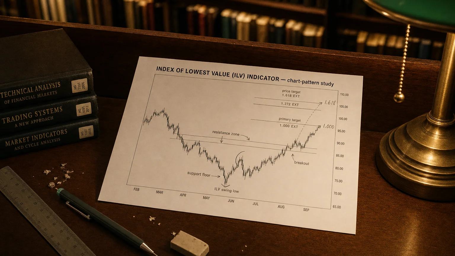 Printed candlestick chart annotated with hand-drawn index of lowest value (ilv) indicator pattern markers on an analyst desk.