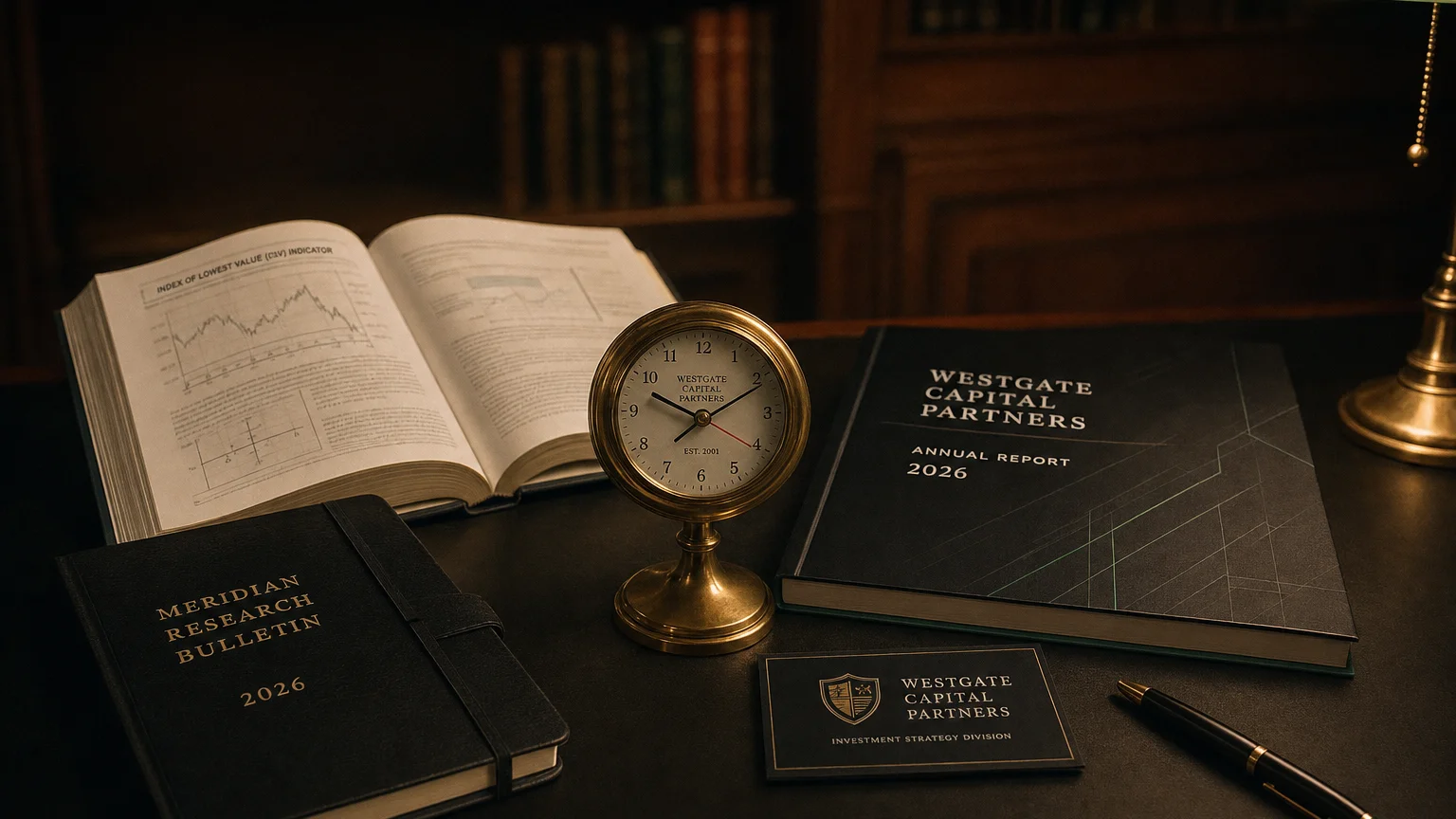 Trading-desk artifact representing index of lowest value (ilv) indicator — textbook page and bull-or-bear desk sculpture.