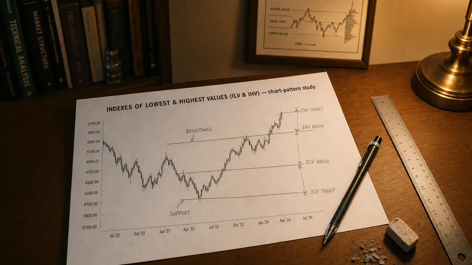 Printed candlestick chart annotated with hand-drawn indexes of lowest & highest values (ilv & ihv) pattern markers on an analyst desk.