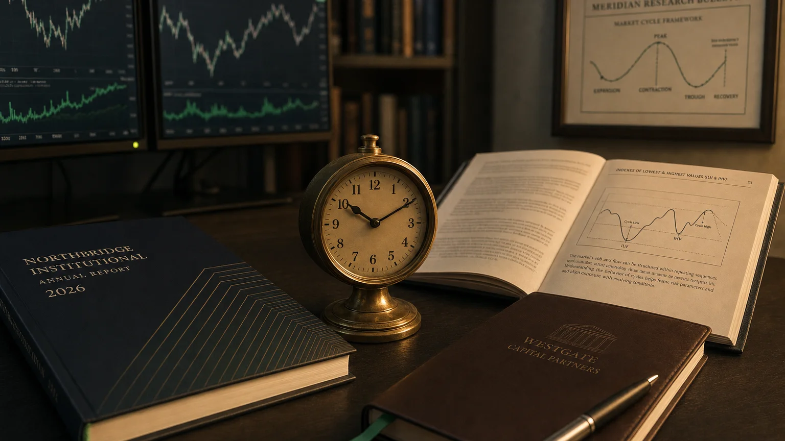 Trading-desk artifact representing indexes of lowest & highest values (ilv & ihv) — textbook page and bull-or-bear desk sculpture.