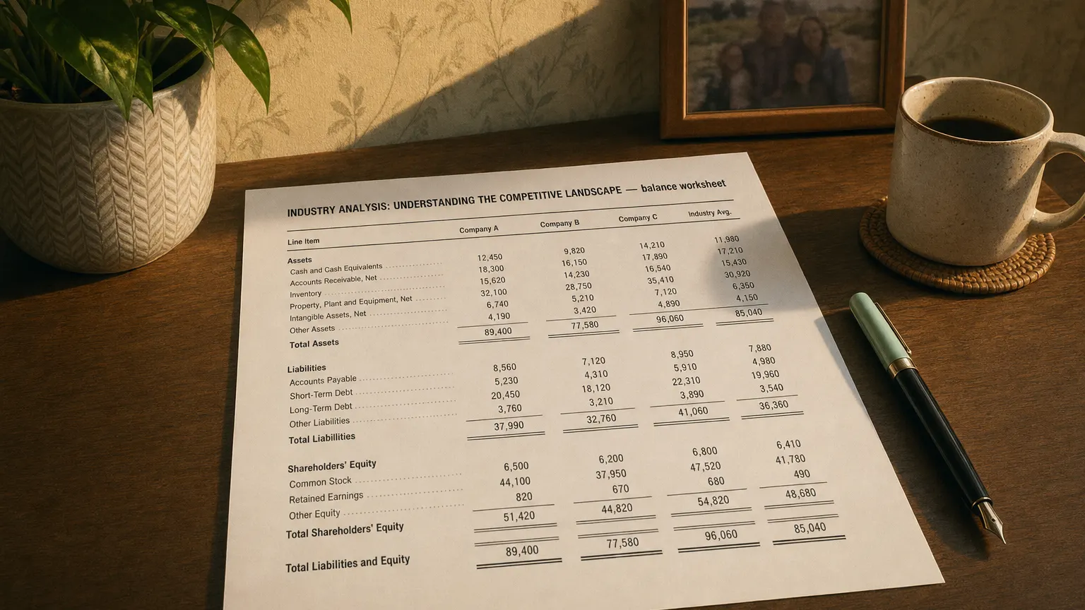 Accounting worksheet showing industry analysis: understanding the competitive landsc line items with neat column totals and a fountain pen.