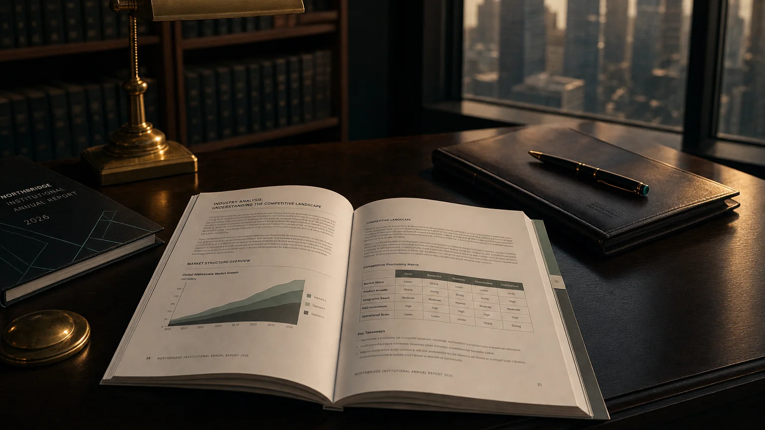 Corporate ledger or annual-report booklet open to the industry analysis: understanding the competitive landsc chapter on a wooden desk.
