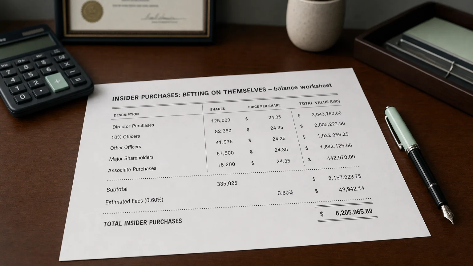 Accounting worksheet showing insider purchases: betting on themselves line items with neat column totals and a fountain pen.