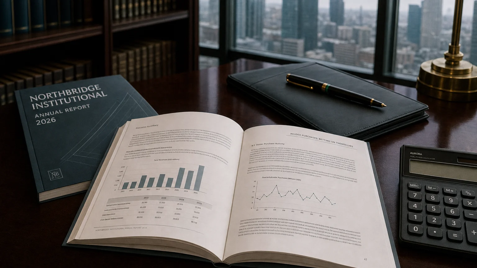 Corporate ledger or annual-report booklet open to the insider purchases: betting on themselves chapter on a wooden desk.