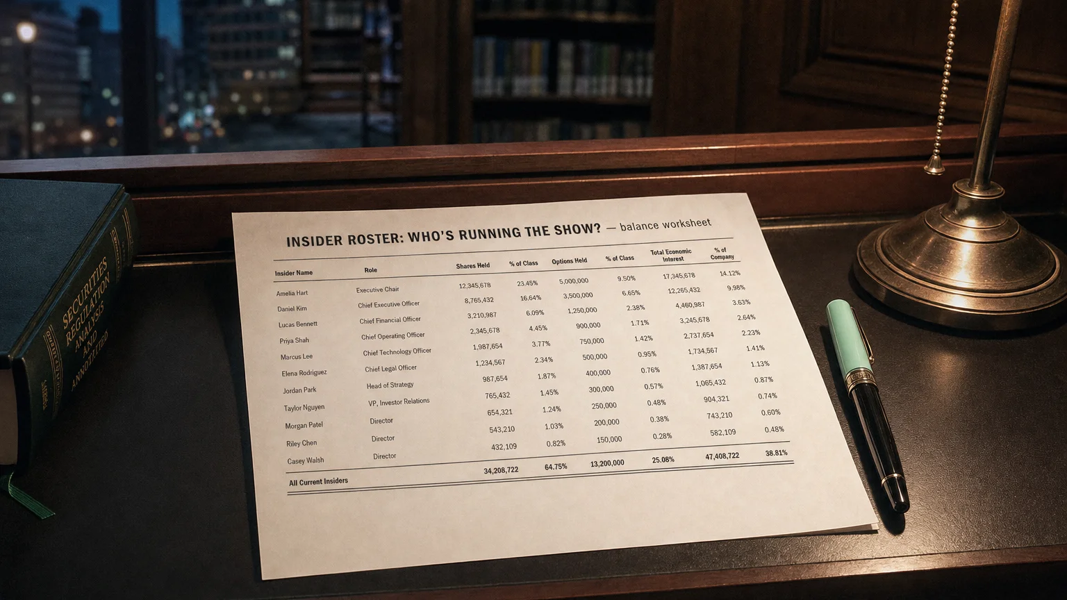 Accounting worksheet showing insider roster: who's running the show? line items with neat column totals and a fountain pen.