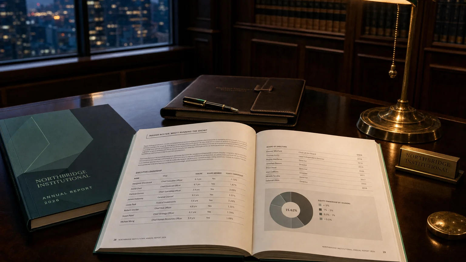 Corporate ledger or annual-report booklet open to the insider roster: who's running the show? chapter on a wooden desk.