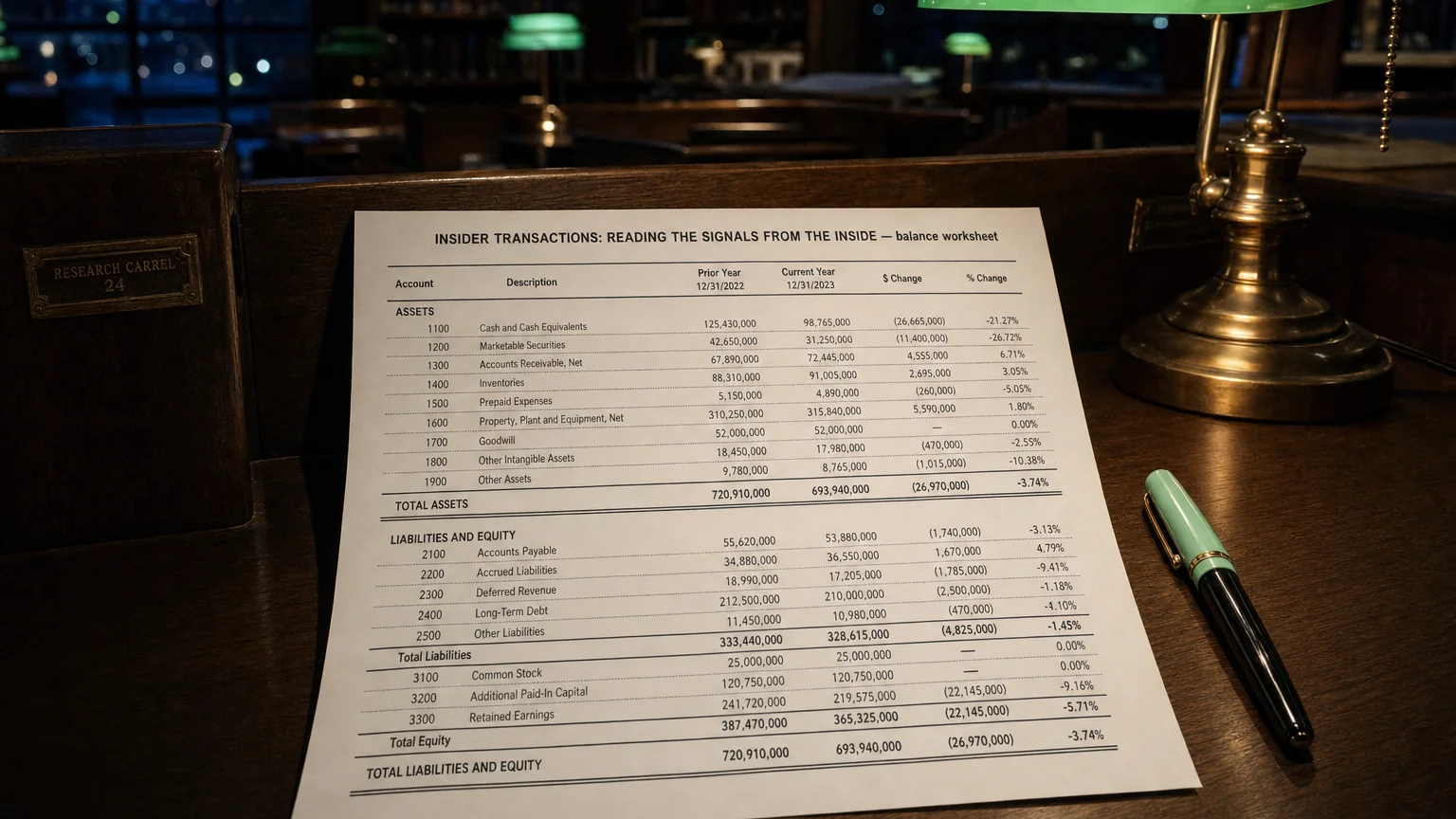 Accounting worksheet showing insider transactions: reading the signals from the insi line items with neat column totals and a fountain pen.