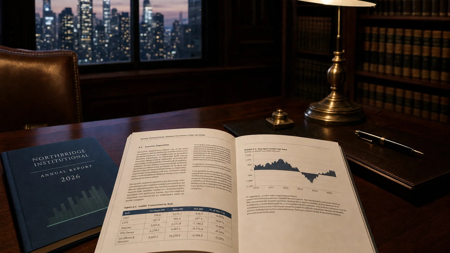 Corporate ledger or annual-report booklet open to the insider transactions: reading the signals from the insi chapter on a wooden desk.