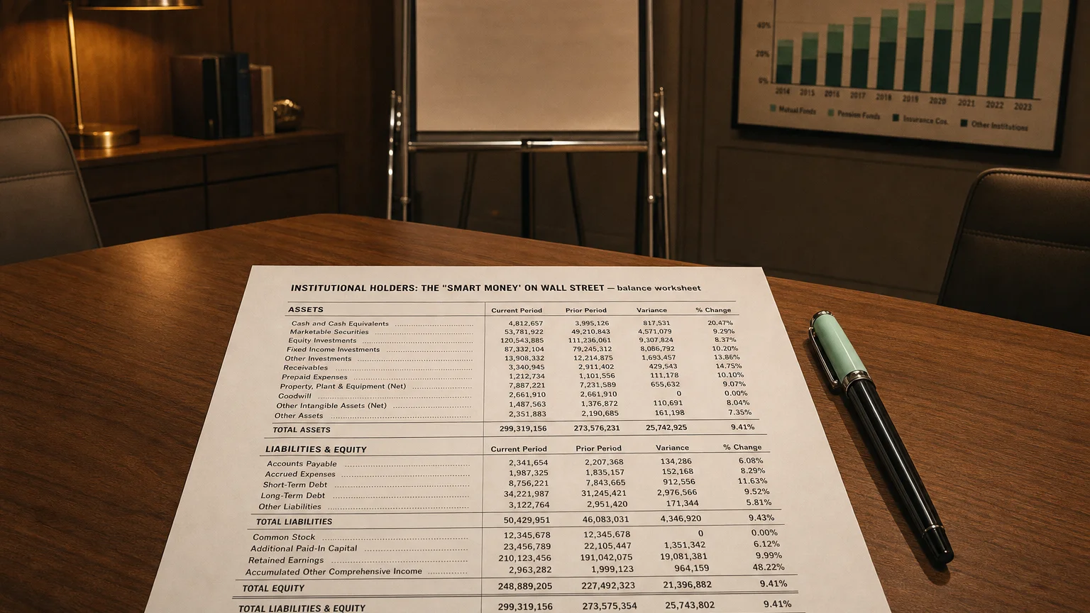Accounting worksheet showing institutional holders: the 'smart money' on wall street line items with neat column totals and a fountain pen.