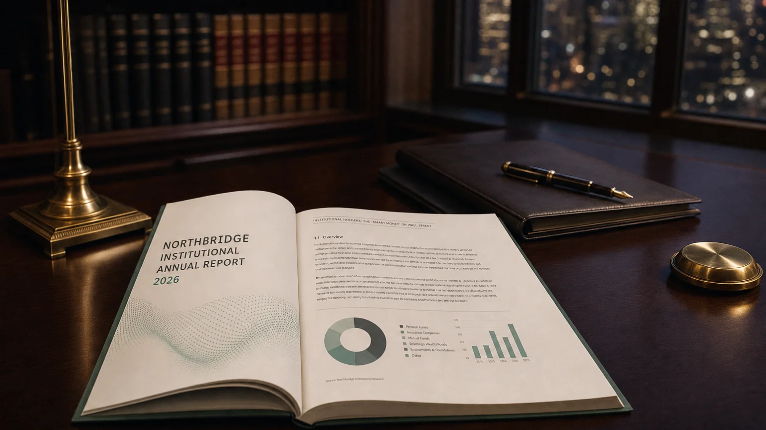 Corporate ledger or annual-report booklet open to the institutional holders: the 'smart money' on wall street chapter on a wooden desk.