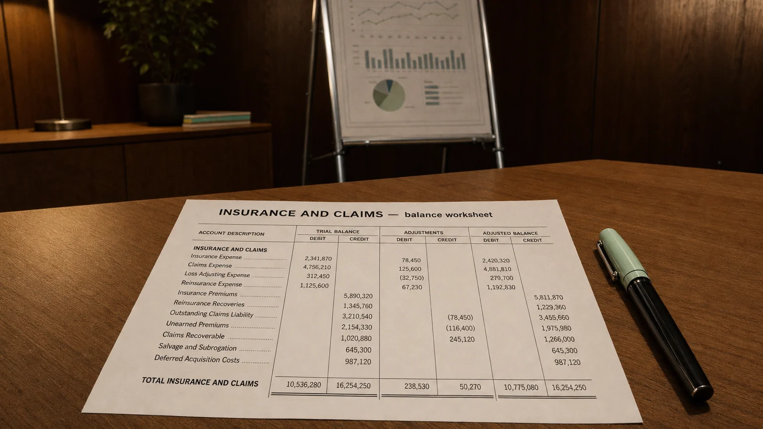 Accounting worksheet showing insurance and claims line items with neat column totals and a fountain pen.