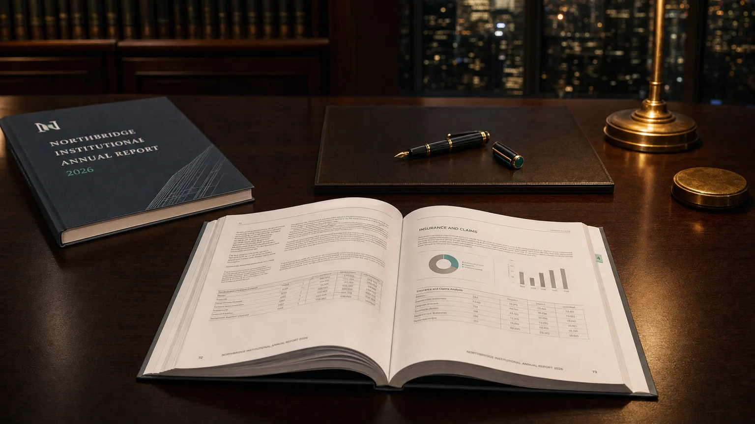Corporate ledger or annual-report booklet open to the insurance and claims chapter on a wooden desk.