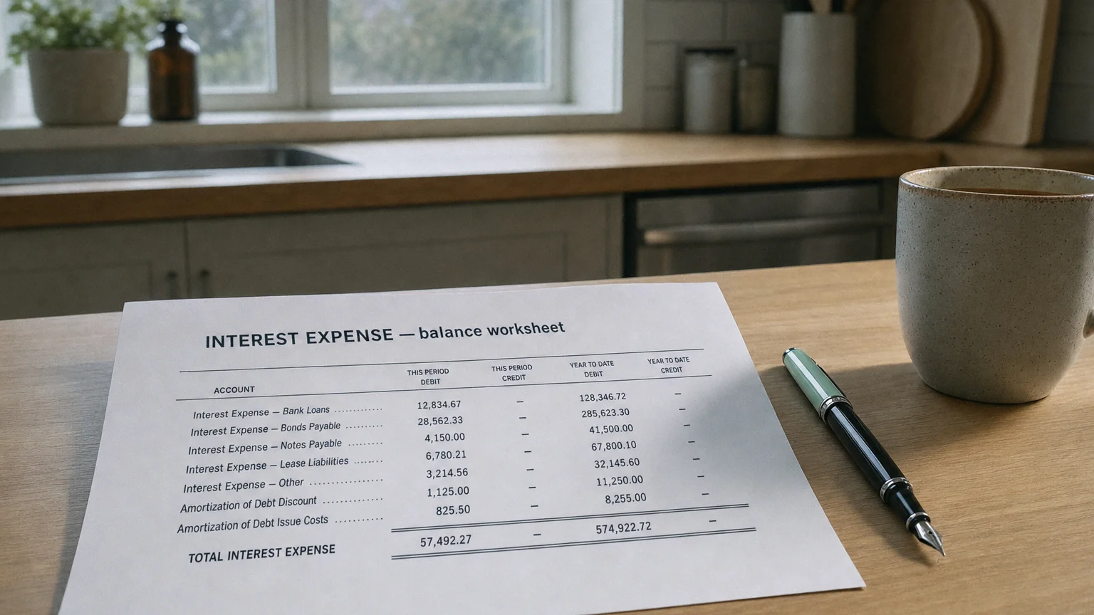 Accounting worksheet showing interest expense line items with neat column totals and a fountain pen.