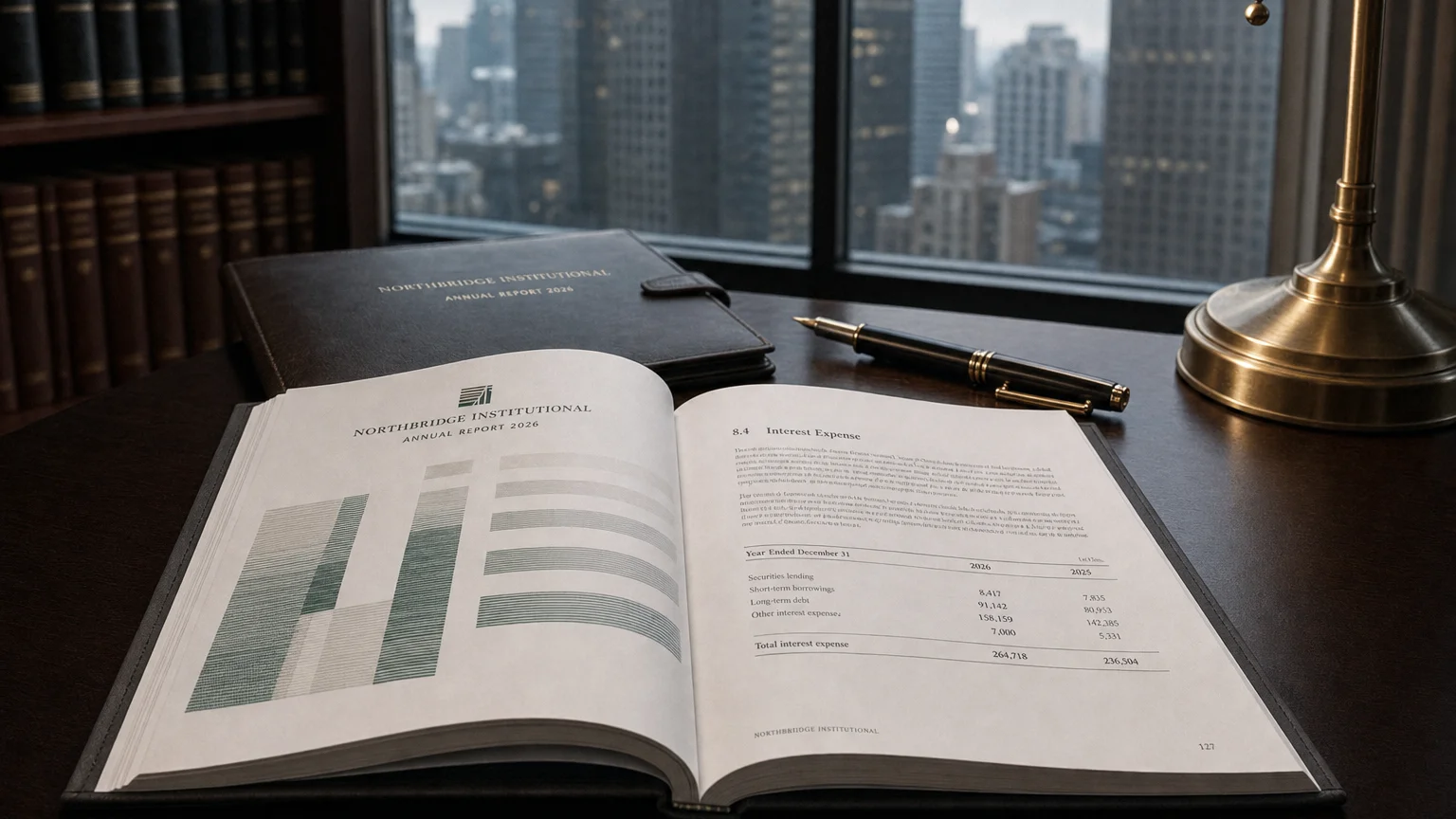 Corporate ledger or annual-report booklet open to the interest expense chapter on a wooden desk.
