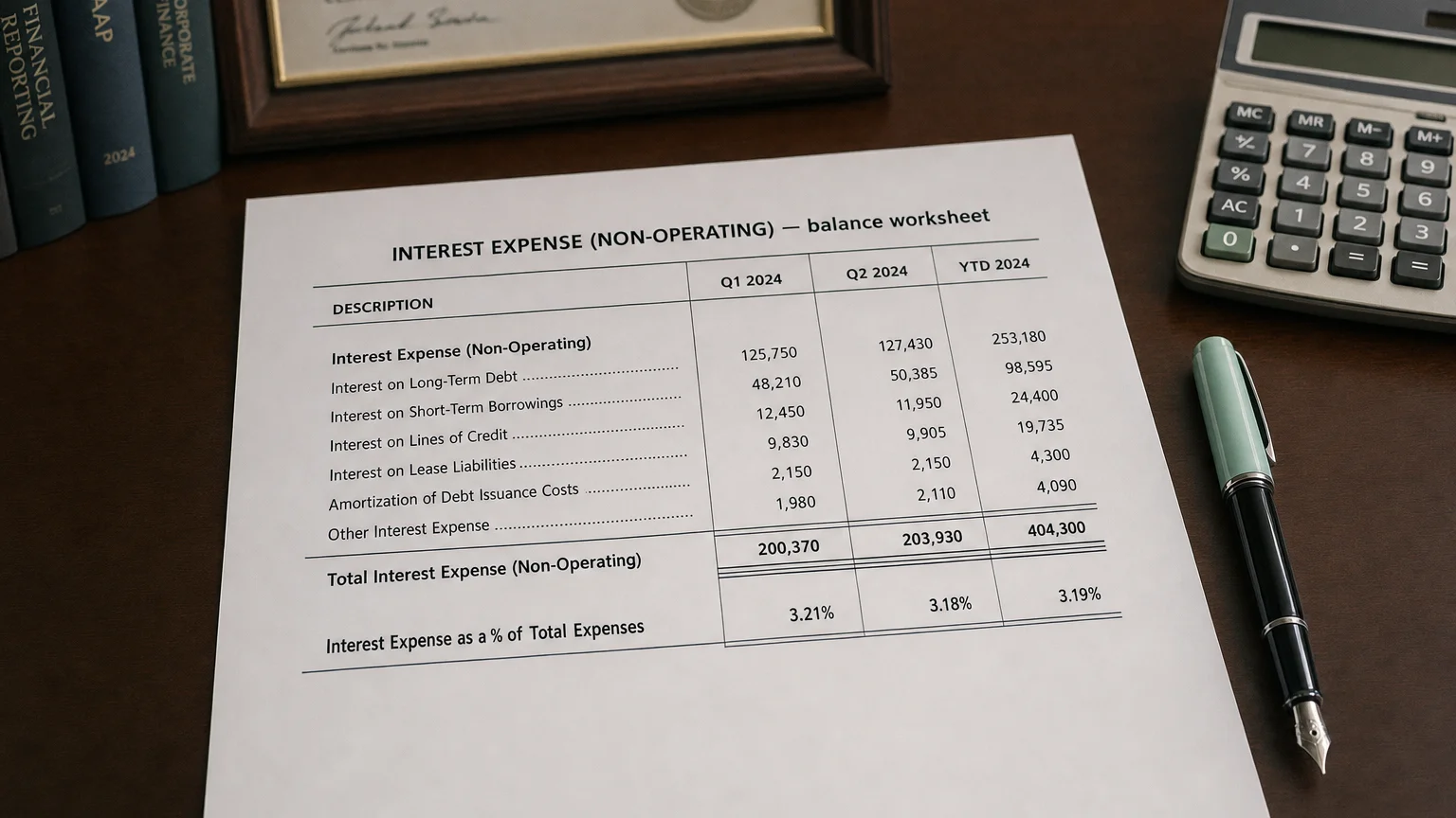 Accounting worksheet showing interest expense (non-operating) line items with neat column totals and a fountain pen.