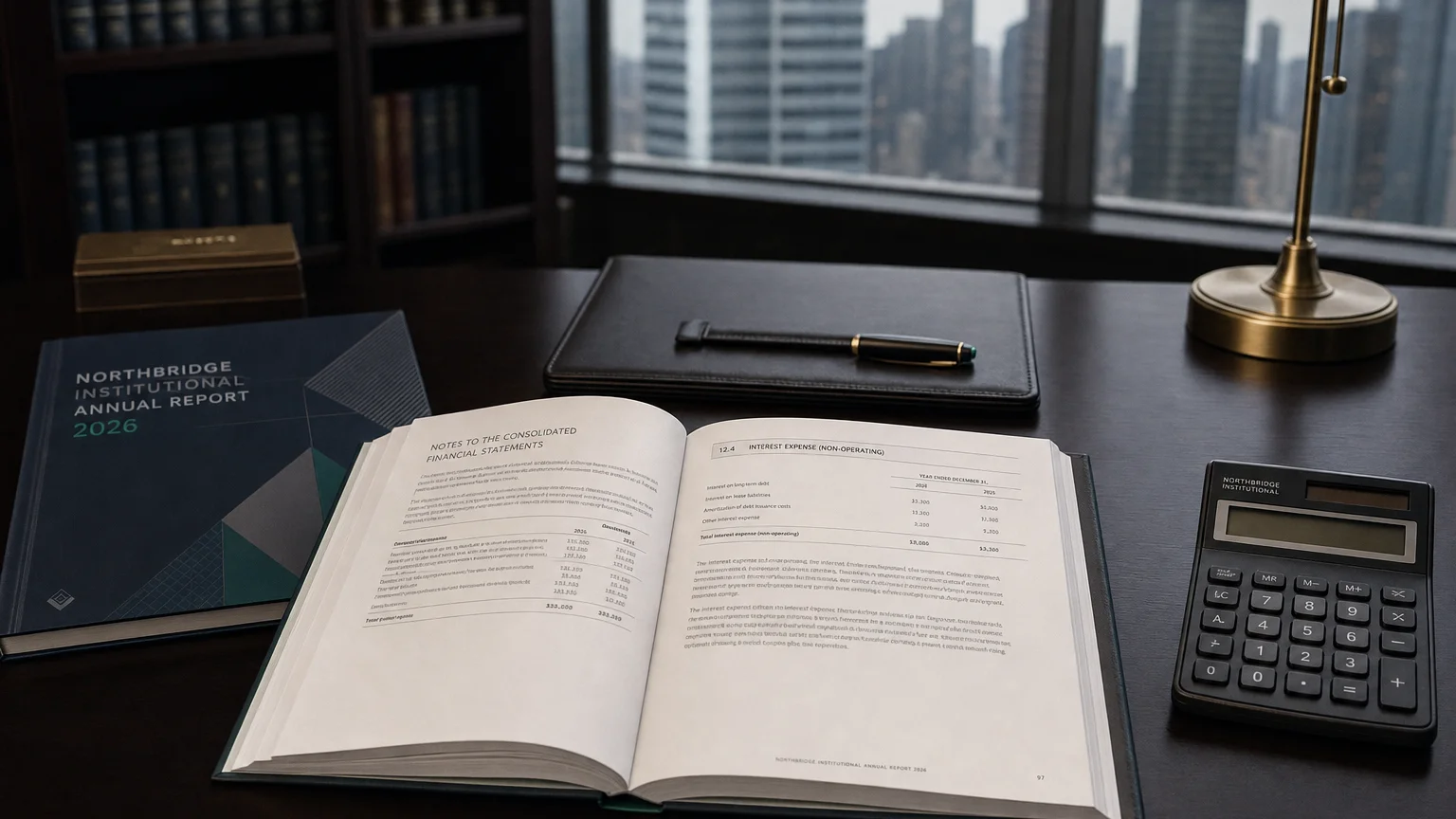 Corporate ledger or annual-report booklet open to the interest expense (non-operating) chapter on a wooden desk.