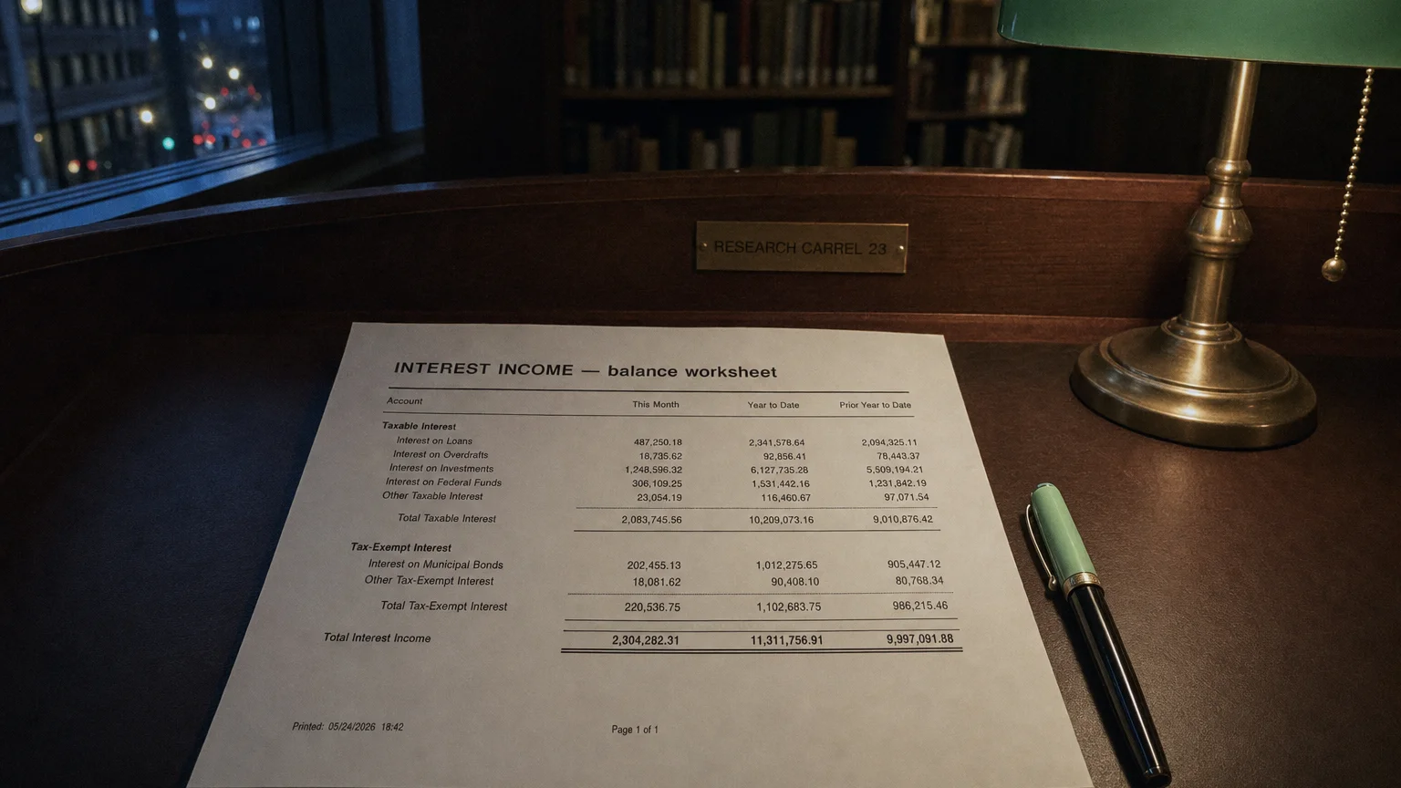 Accounting worksheet showing interest income line items with neat column totals and a fountain pen.