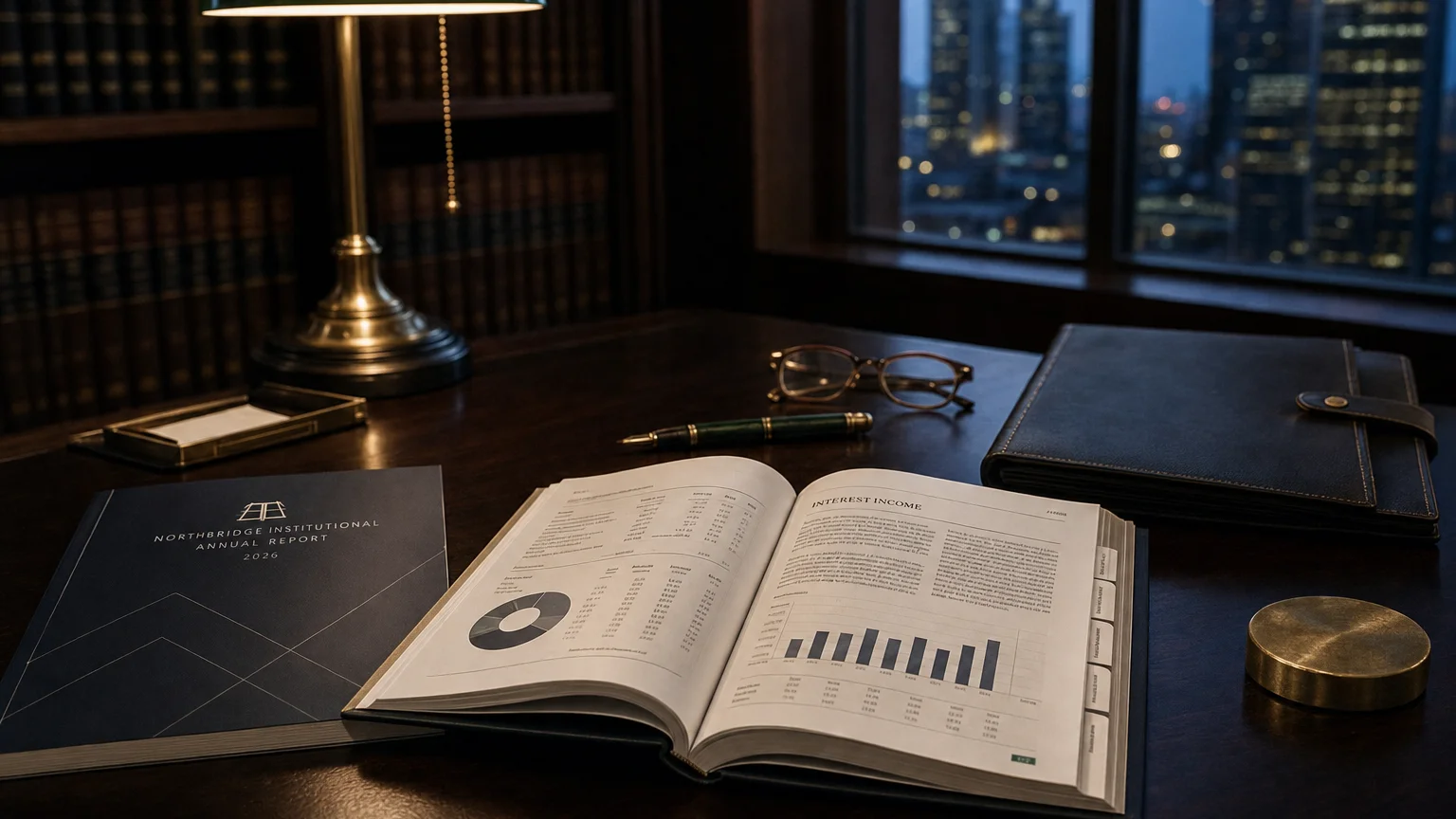 Corporate ledger or annual-report booklet open to the interest income chapter on a wooden desk.