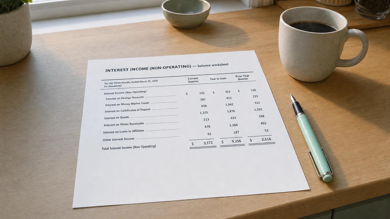 Accounting worksheet showing interest income (non-operating) line items with neat column totals and a fountain pen.