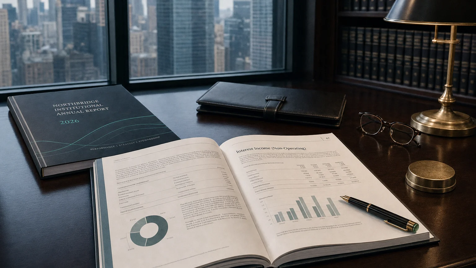 Corporate ledger or annual-report booklet open to the interest income (non-operating) chapter on a wooden desk.