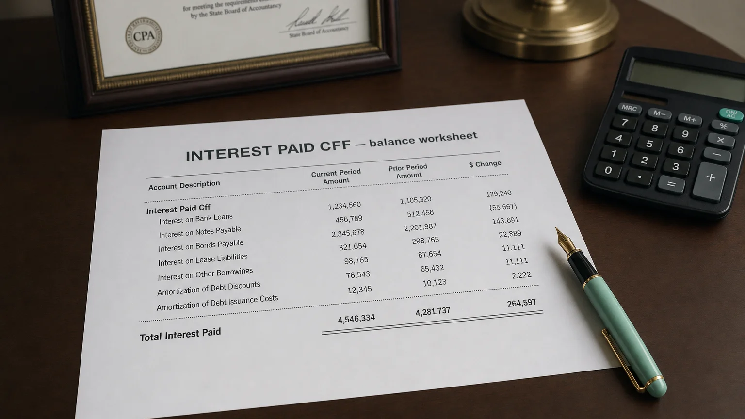 Accounting worksheet showing interest paid cff line items with neat column totals and a fountain pen.