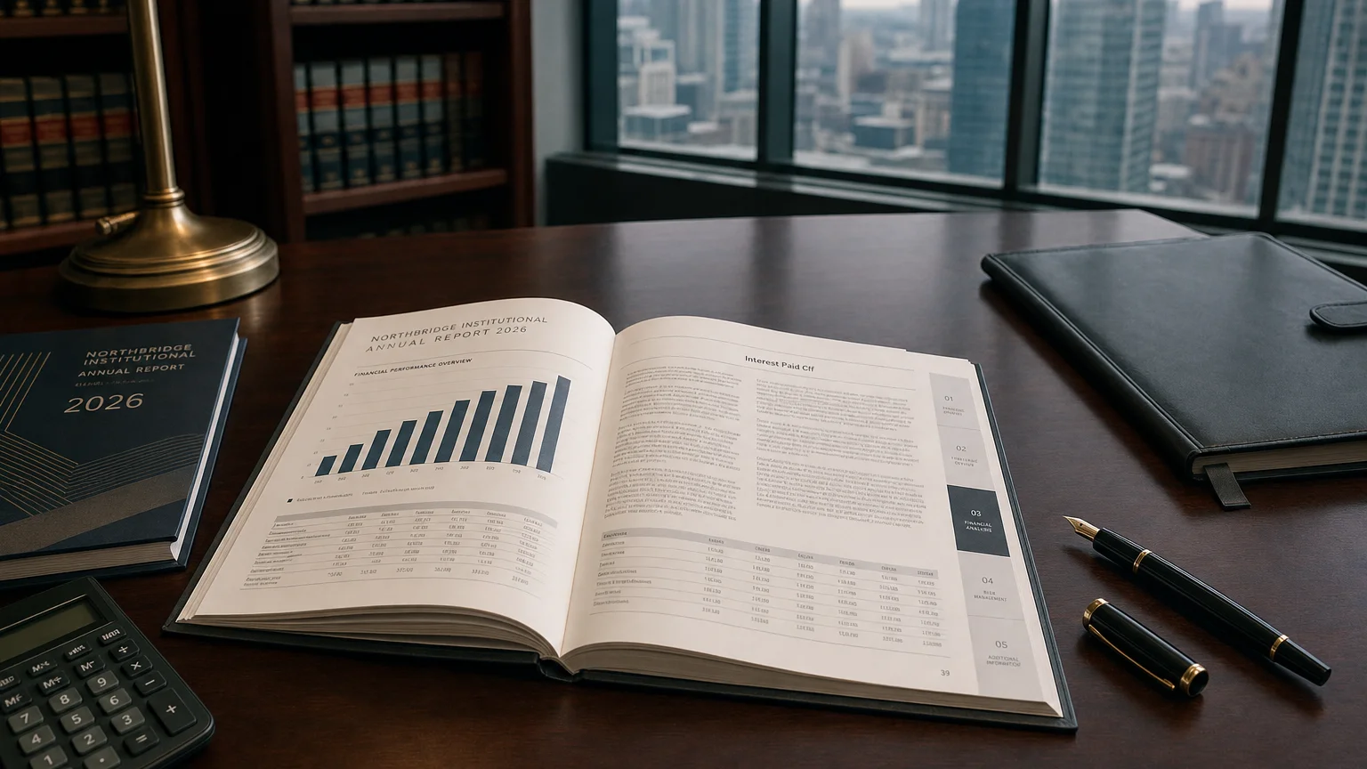Corporate ledger or annual-report booklet open to the interest paid cff chapter on a wooden desk.