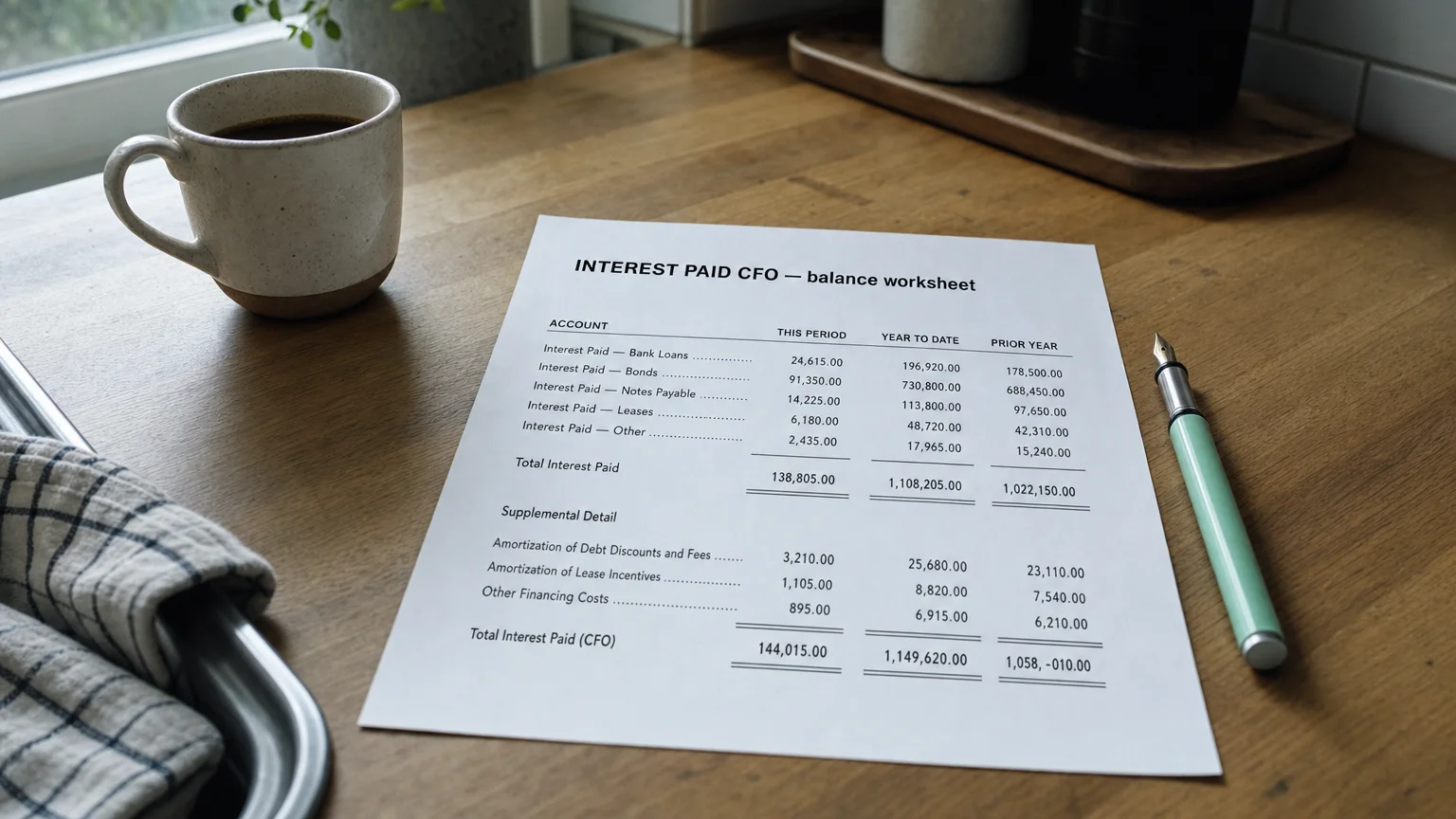 Accounting worksheet showing interest paid cfo line items with neat column totals and a fountain pen.