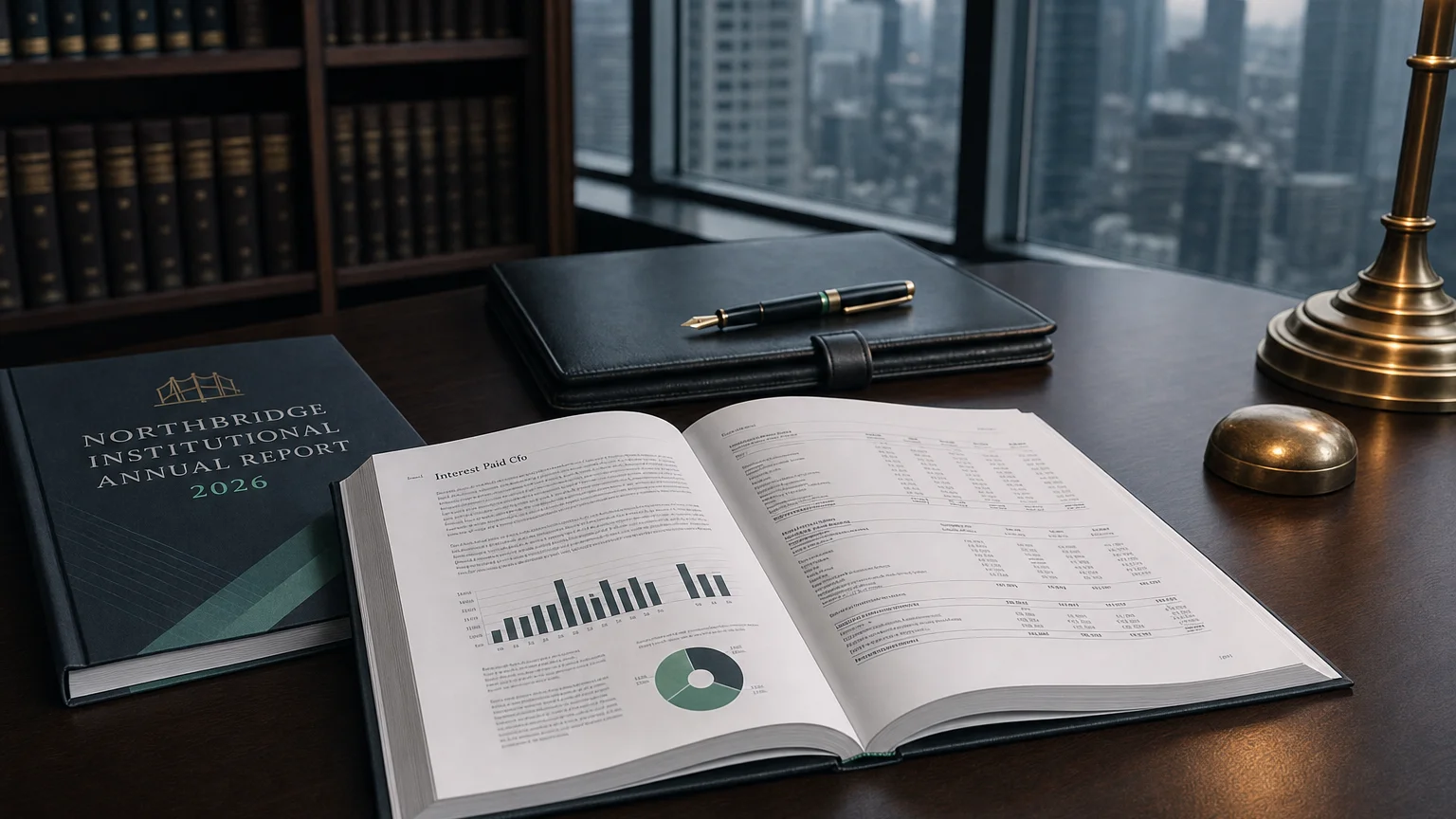 Corporate ledger or annual-report booklet open to the interest paid cfo chapter on a wooden desk.