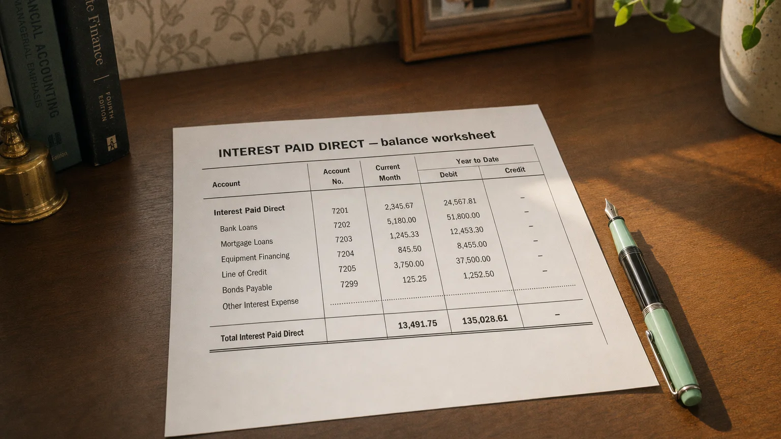 Accounting worksheet showing interest paid direct line items with neat column totals and a fountain pen.