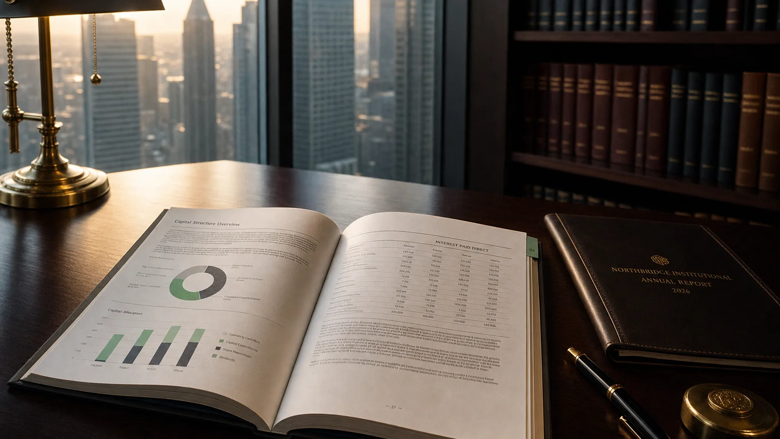 Corporate ledger or annual-report booklet open to the interest paid direct chapter on a wooden desk.