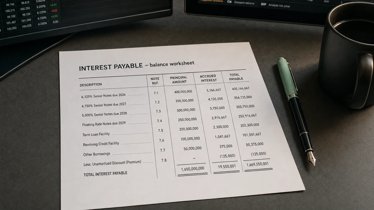 Accounting worksheet showing interest payable line items with neat column totals and a fountain pen.