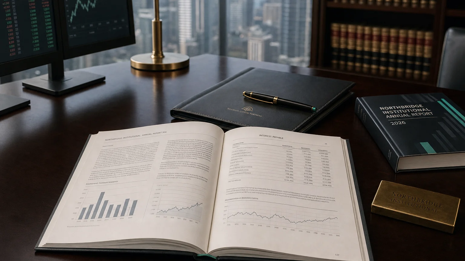 Corporate ledger or annual-report booklet open to the interest payable chapter on a wooden desk.