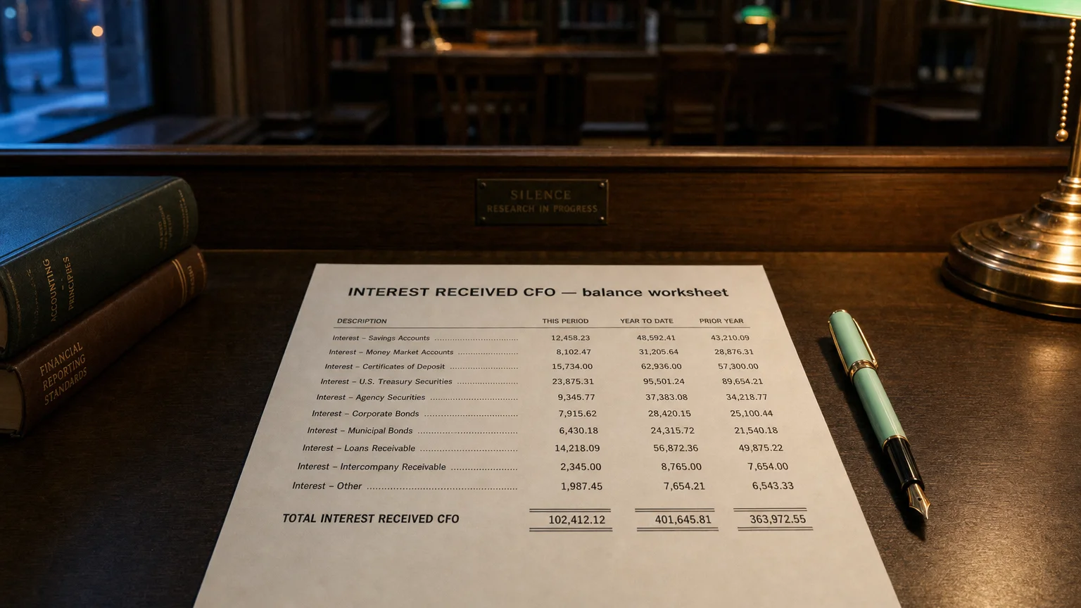 Accounting worksheet showing interest received cfo line items with neat column totals and a fountain pen.